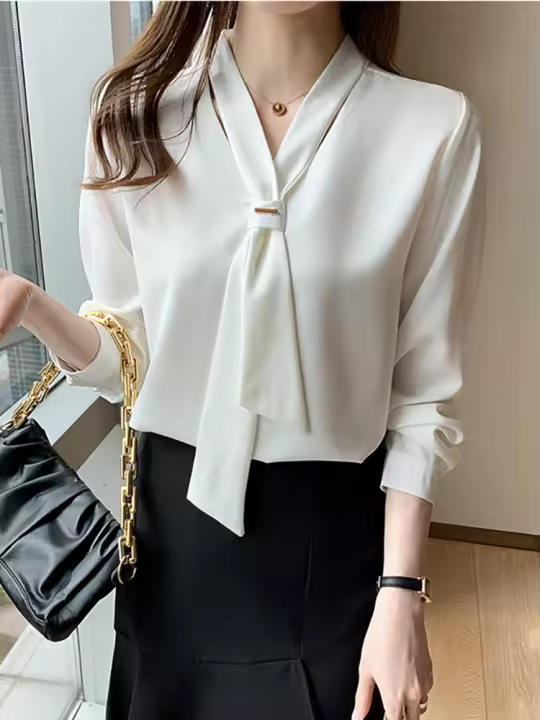 Blusa Blanca Básica Para Mujer AOSSVIAO 2026 Primavera Camisa Elegante Casual Manga Larga Estilo Lady Ajuste Regular Polyester - 1