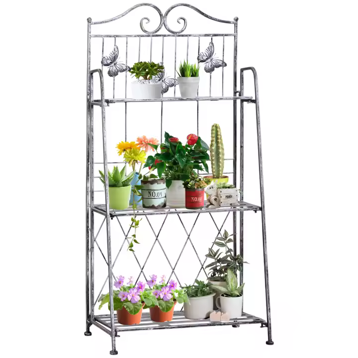 Outsunny Estantería para Plantas Plegable Soporte para Plantas de 3 Niveles con Estructura de Metal Soporte para Macetas para Interior y Exterior Gris Plateado - 1