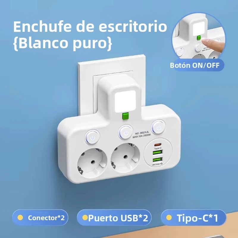 Enchufe De Pared Con Multiple De Corriente AC Y USB Tipo C Con Filtro De Red Y Interruptor Separado Adaptador Universal Con Luz EU Plug