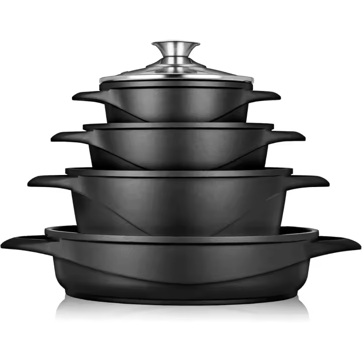 Briebe MGK-17 Batería de Cocina Inducción 8 Piezas Aluminio Fundido 4 Ollas con Tapa de Cristal Antiadherente, , Negro - 1