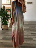Vestido Maxi Sin Mangas Para Mujer En Color Gradient Casual Con Bolsillos Y Abertura Lateral Estilo Playa Verano A-Line V-Neck - details 1