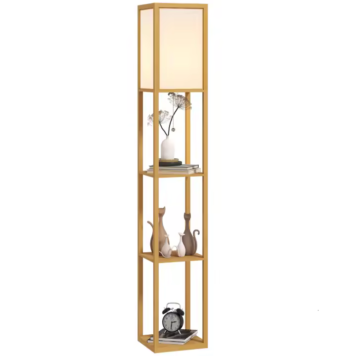 HOMCOM Lámpara de Pie con Estantes de Almacenaje, Lámpara de Madera Moderna, Bombilla E27, para Salón, Dormitorio, Oficina, Natural - 1
