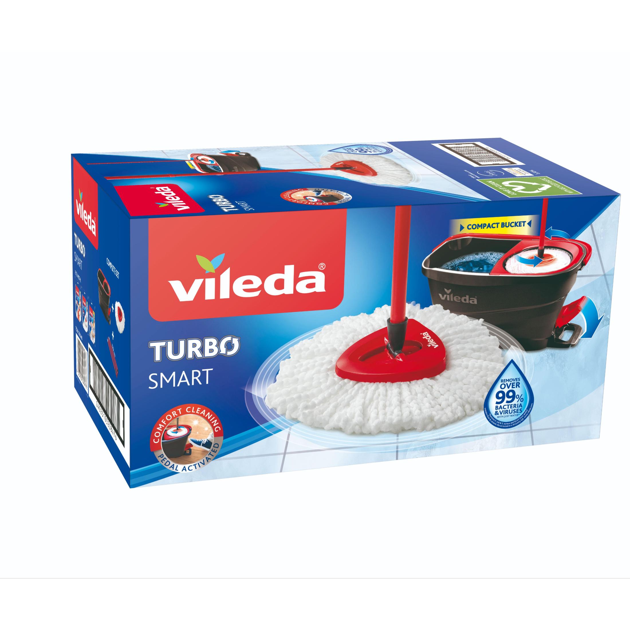Vileda | Sistema Turbo Smart | Set completo de mopa con cubo escurridor antisalpicaduras | Elimina más del 99% de bacterias y virus incluso solo con agua * | Hecho 100% de Microfibra para eliminar cualquier suciedad.