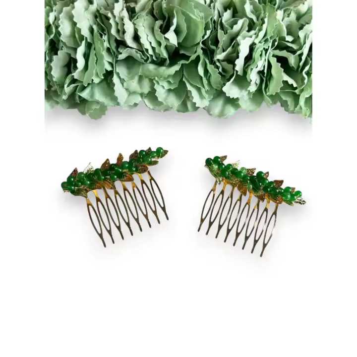 🌸2 Peinetas Florales Vintage con Detalles en Verde – Elegancia Artesana - 1
