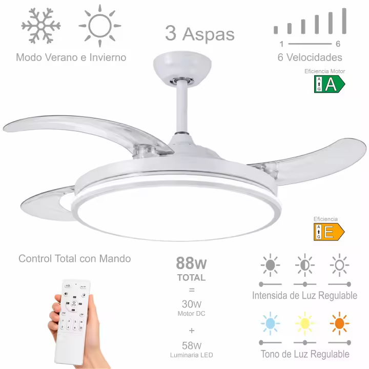 Ventilador de Techo Led 90W a 66W, Regulable en Intensidad y en Tono de Luz de Fria a Cálida, 4 Aspas Retráctiles, Mando a Distancia y APP para Móvil , Motor DC Ultra Silencioso, 6 Velocidades, Eficiencia Energética A - 1