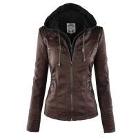 Chaqueta De Cuero Sintético Para Mujer Estilo Motociclista Con Capucha Negro Otoño-invierno Cierre De Cremallera Largo Regular - details 9