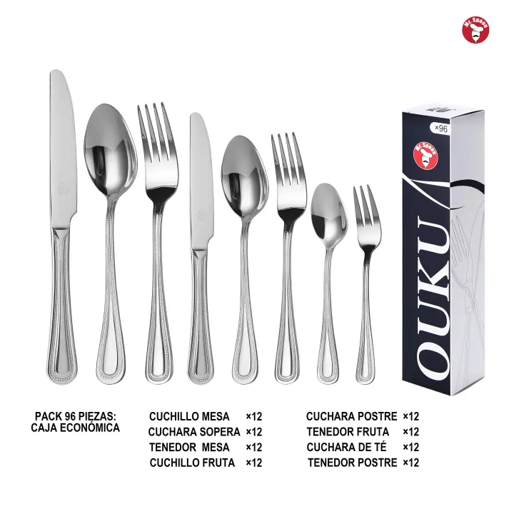 Mr.Spoon Serie Bola Juego 96,108 o120 piezas cubiertos,Acero Inoxidable 18/0,Plateado,Económico y funcional,Incluye cuchillo carne o mesa,tenedor,cuchara,cucharilla,etc. Mango monobloque,Apto para lavavajillas,Empaque ecológico,Para casa,hotel,restaurante - 1