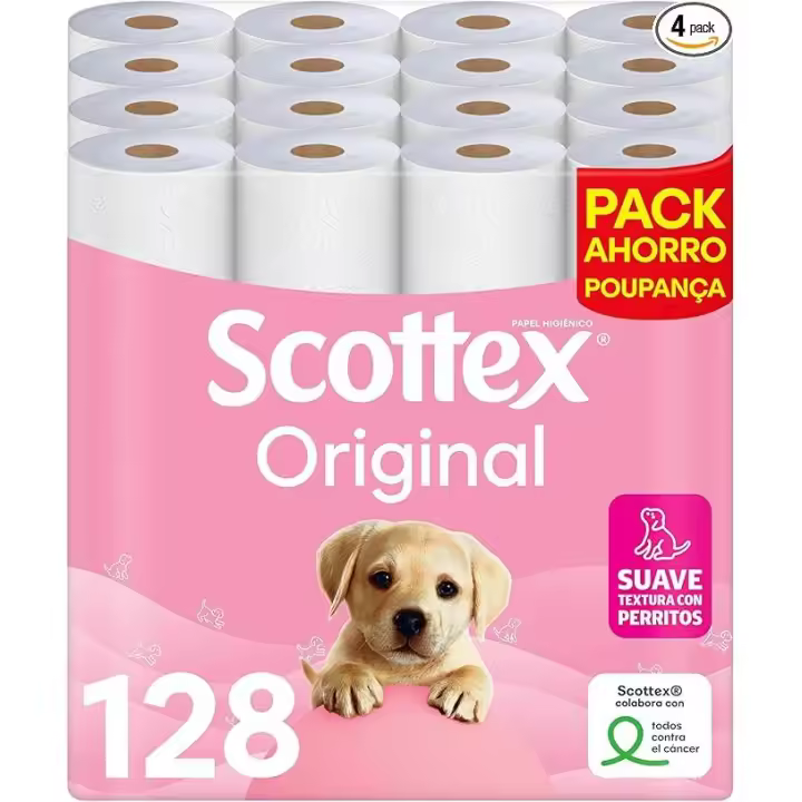 Scottex Original Papel Higiénico pack 128 rollos dos capas máxima suavidad y resistencia - Pack Familiar 128 rollos - 1