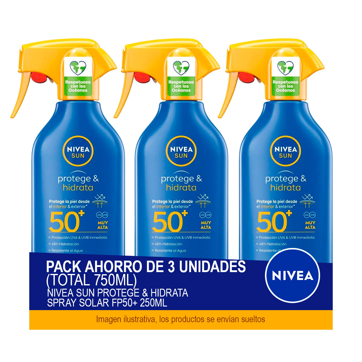 NIVEA SUN Protege & Hidrata Spray Solar FP50+ 250 ml - Pack ahorro de 3 unidades (total 750ml)