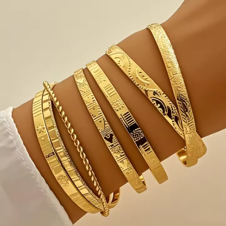 Juego De 7 Pulseras De Cuff De Metal Para Mujer Elegantes En Oro Y Plata Abiertas Moda Bohemia Joyería De Fiesta Trendy - 1