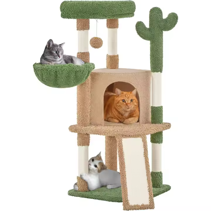 Cactus-Shaped Cat Scratching Tree with Observation Platform, Cave, and Sisal Logs, 42.5×42.5×106.5 cm, Brown and Green - 1