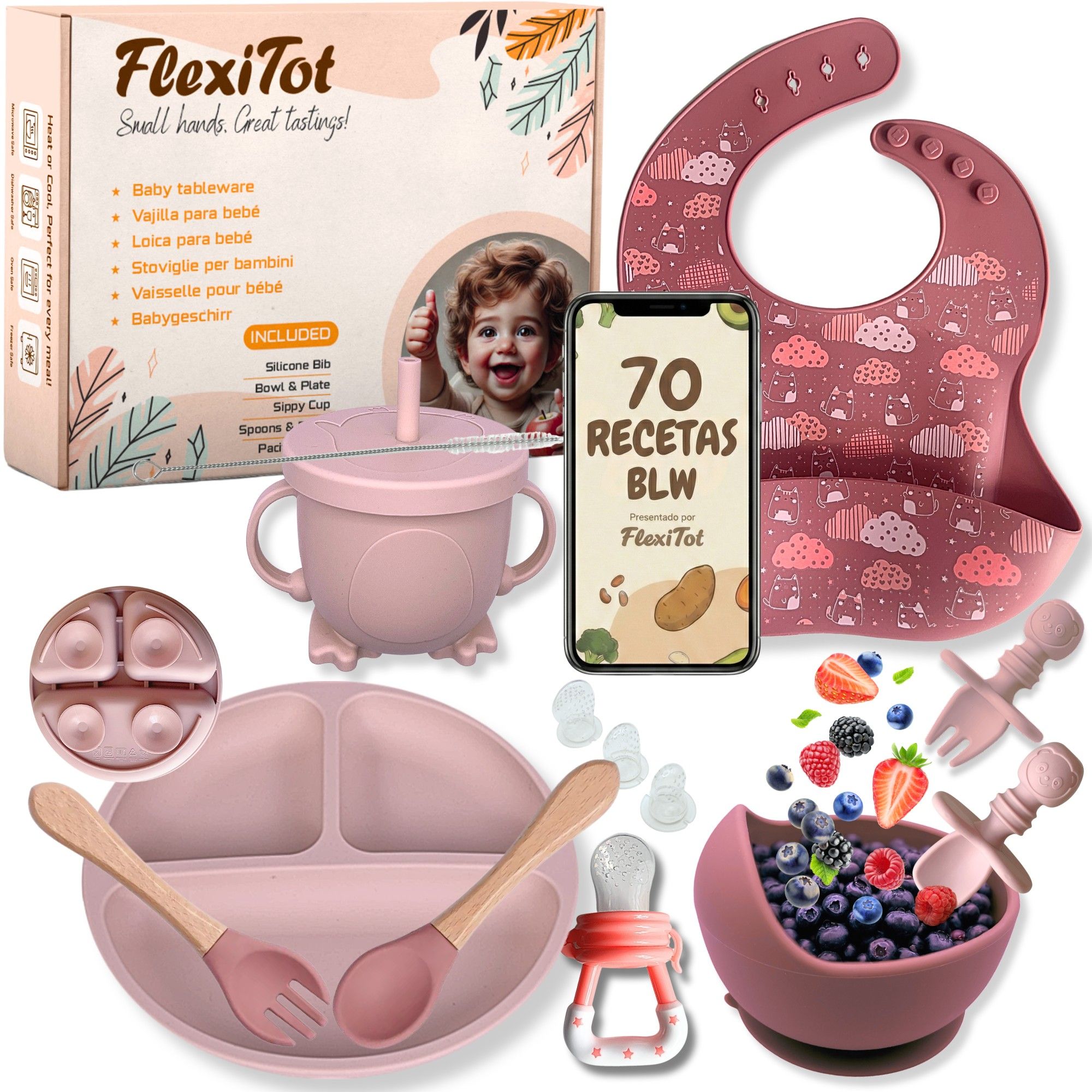 Vajilla bebé silicona, vajilla infantil bebe| Guía Digital 70 recetas BLW | 2 Baberos con mangas, platos vajilla con ventosa, cosas para bebes, Regalo bebes recien nacidos, vajilla rosa