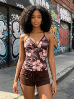 Conjunto De Playa Y2K Para Mujer Con Estampado De Hibisco Tropical Top De Hombros Delgados Con Cuello V Y Shorts De Cintura Baja Estilo Casual - details 0