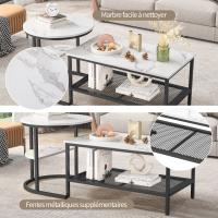 Set de Mesas de Centro Modernas Negras con Estante, Tablero Efecto Mármol Blanco, Diseño Nido 70/45 cm, Estructura Metálica con Rejilla para Salón - details 1