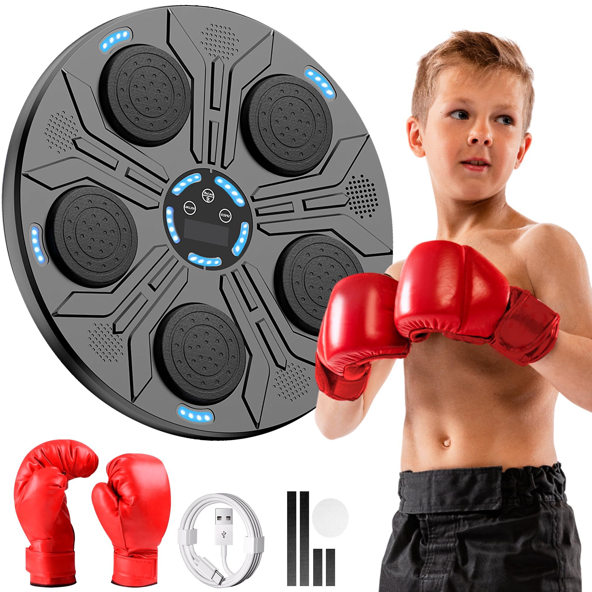 JUPPLIES Kit Maquina de Boxeo Musical para Pared – Kit con Guantes, Luces LED, Bluetooth, Instalación sin Agujeros