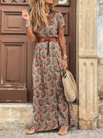 Vestido Bohemio De Manga Corta Con Cuello En V Y Cinturón Para Mujer Vestido Largo Floral Para Vacaciones De Verano - details 1