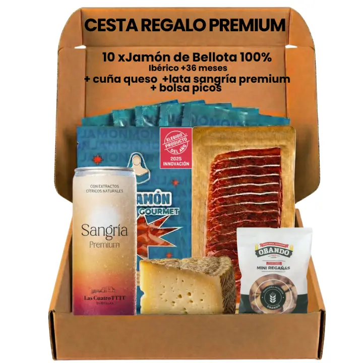 CESTA REGALO CON JAMÓN DE BELLOTA 100% IBÉRICO +36 MESES PREMIUM (10 Sobres) + Cuña QUESO Curado La Antigua + Picos Obando + Sangría PREMIUM- ELEGIDO PRODUCTO DEL AÑO 2025 - 1