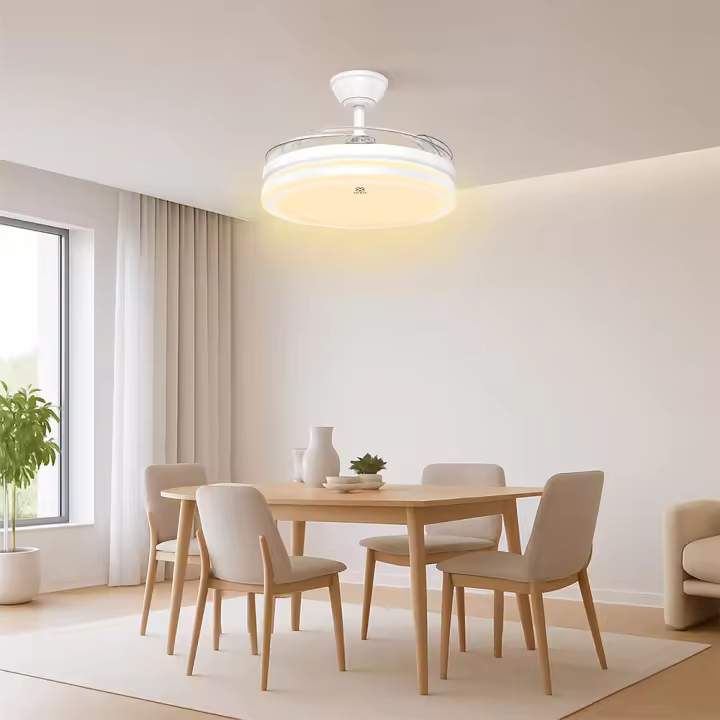 Ventilador de techo retráctil de lujo 80 W con luz y control remoto, aspas ocultas, flujo de aire ajustable, luz LED con atenuación continua, motor DC silencioso, ideal para 10-15 m² - 1