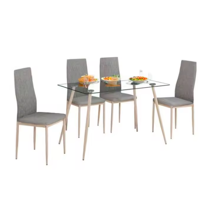 Miroytengo Conjunto Mesa Cristal + 4 Sillas Color Gris Tela Comedor Salón Estilo Nórdico Patas Metal Efecto Madera - 1