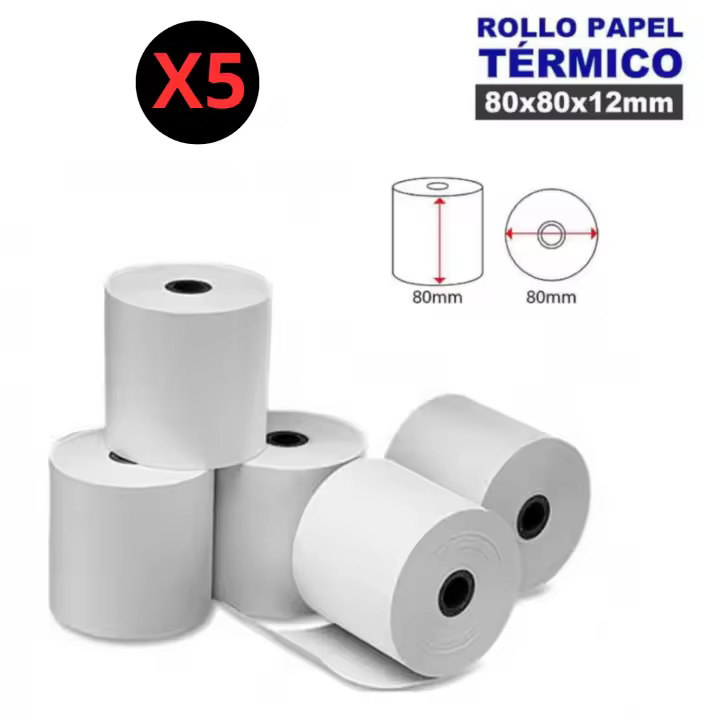 Madrid Gadget Store - Pack 5x Rollos de Papel Térmico sin BPA 80x80x12 mm para TPV, Compatibles con Todas las Impresoras Térmicas, Cajas Registradoras, Tickets, Mandril Color Blanco, Sin Bisphenol. Libre BPA - 1