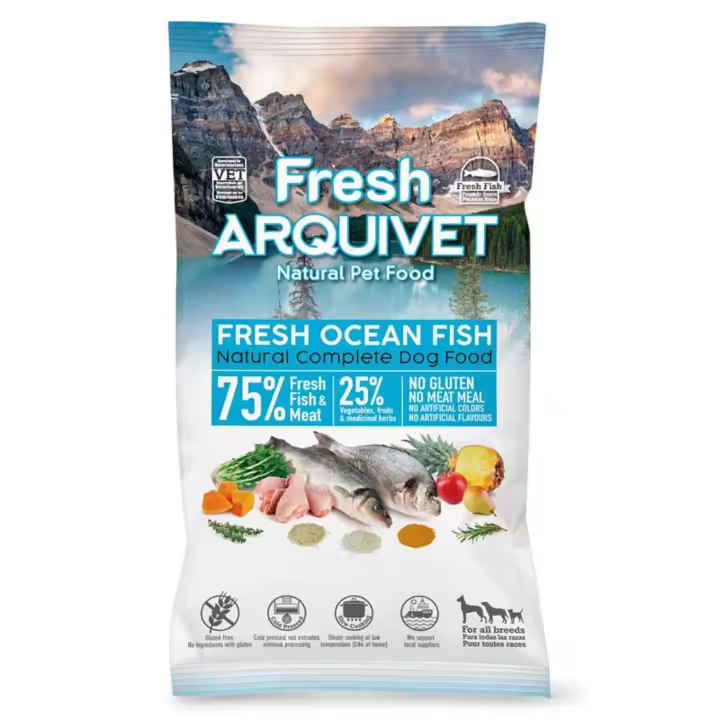 Arquivet Fresh Ocean Fish - Alimento completo semihumedo para perros adultos de todas las razas - 100gr - 2.5kg - 10kg - 55% de pescado, un 20% de pollo y un 25% de vegetales - Prensado en frio - Sin harinas carnicas - Sin Gluten - 1