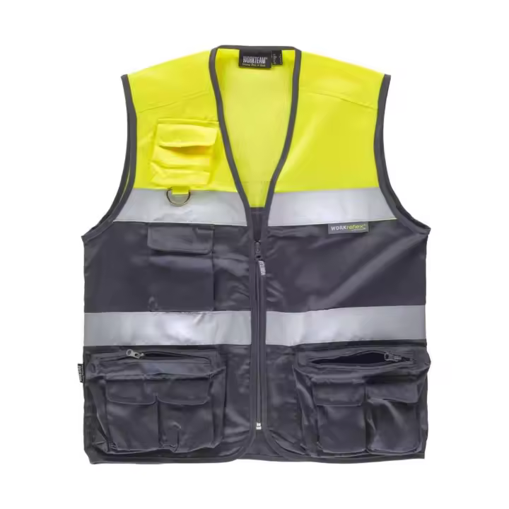 Workteam Chaleco Tipo Safari Multibolsillos Bicolor con Cintas de Alta Visibilidad - 1