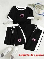 Conjunto De Tres Piezas Para Mujer Estilo Casual Y Versátil Con Estampado De Corazones Rosa Y Negro Camiseta Manga Corta Y Pantalones Largos Para Verano Uso Diario Compras Y Hogar - details 9