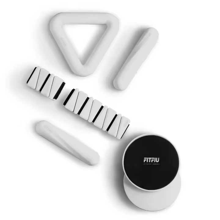 FITFIU Fitness SHAPES KIT - Pack de 4 accesorios deportivos: 1 kettlebell 2 muñequeras 2 mancuernas 2 discos deslizantes 1 cinta elástica de silicona blanca SHAPES COLLECTION - 1