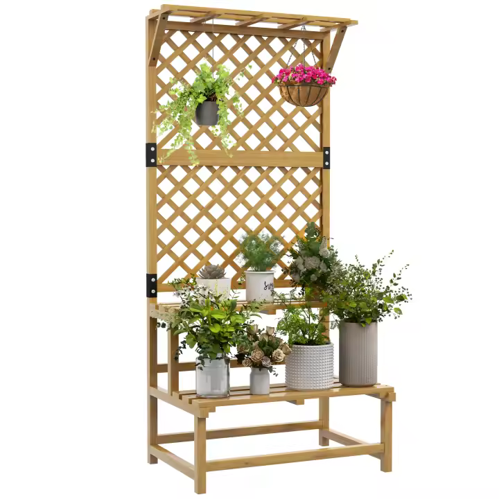 Outsunny Estantería para Plantas de Madera Soporte para Macetas de 2 Niveles con Enrejado para Jardín Patio Terraza Balcón 75x50x166 cm Natural - 1