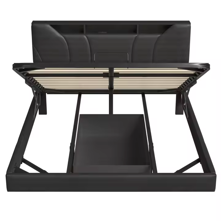 Cama tapizada 160x200 cm de PU negro con LED RGB, cabecero con estantes y puertos USB/Type-C, somier de láminas, almacenaje abatible, efecto flotante, sin colchón - 1