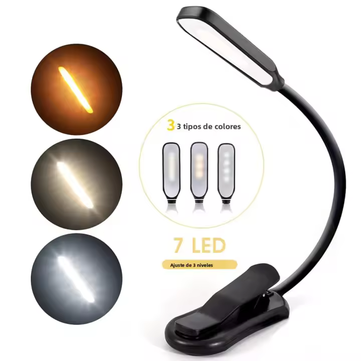 Luz De Lectura LED 7 Luces Recargable USB Con Clip Flexible 3 Niveles De Luz Cálida Y Fría Portátil Para Lectura Nocturna - 1