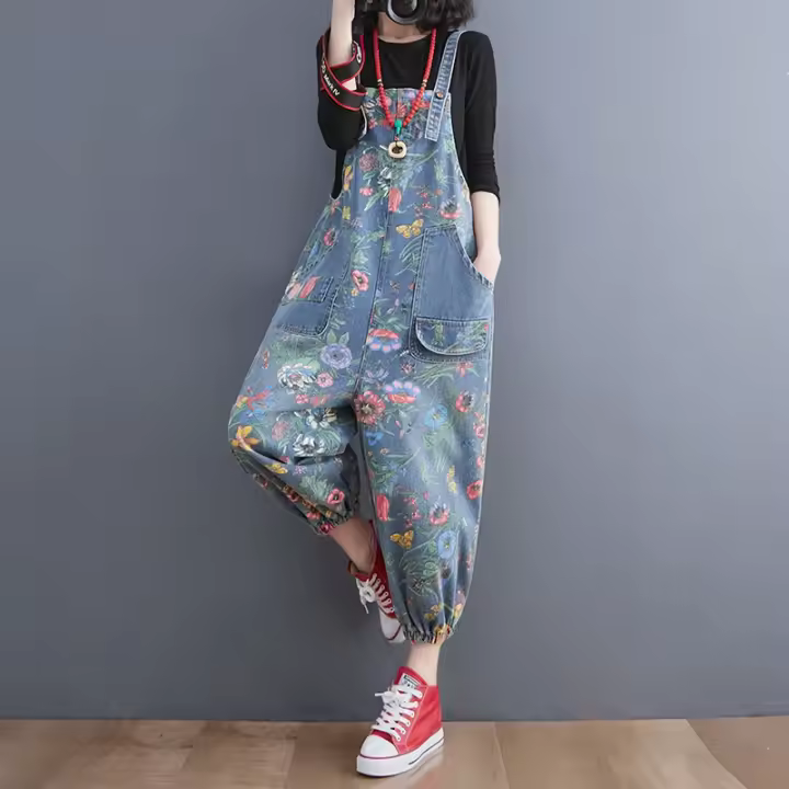 Traje De Mujer Estilo Callejero Floral Impresión Denim Con Tirantes Dungarees Rompers Cargo Pantalones Anchos De Pierna Pantalones De Sobrero - 1