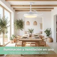 Ventilador de techo LED silencioso con aspas retráctiles, 6 velocidades, lámpara de techo moderna blanca, motor DC de bajo consumo, mando a distancia, app móvil, luz regulable, ventilador para salón, dormitorio, comedor y habitación, Don Feliz - details 1