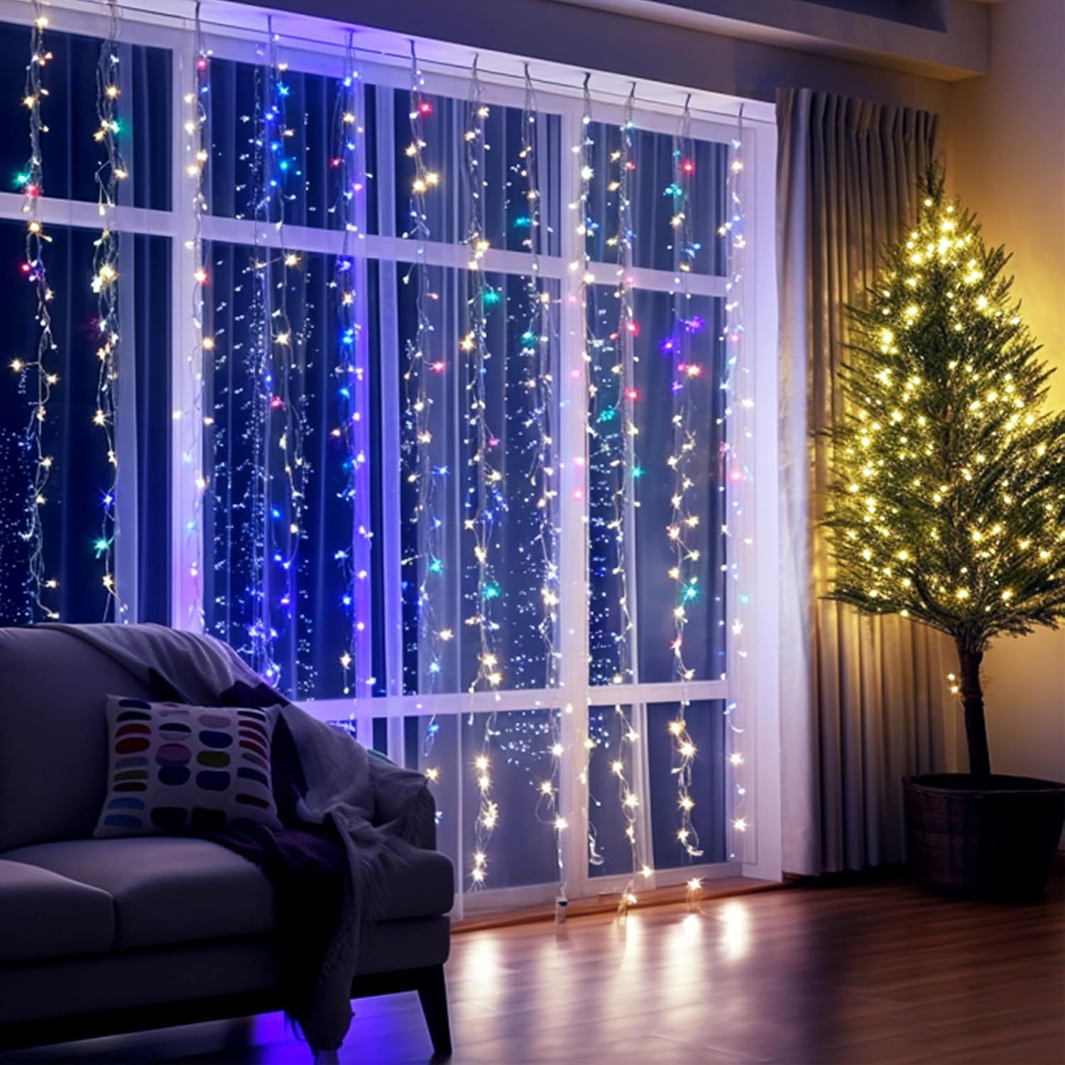 Aigostar Cortina de luces navideñas, 2M * 2M, cadena de luces de 8 modos con control remoto, 200 LED, temporizador, luces de árbol de Navidad resistentes al agua, para exteriores e interiores, decoración navideña, fiestas