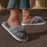 Pantuflas De Casa Para Mujer Con Tela De Peluche CrissCross Y Suela Suave Open Toe Fuzzy Caliente Invierno Pantuflas Cómodas Para Interno - details 1