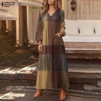 Vestido Largo Elegante Para Mujer ZANZEA Con Manga Larga Vintage Verano Vintage Mujer Vestido a Cuadros Bohemio Con Bolsillos Cuello V Ajuste Suave - details 3