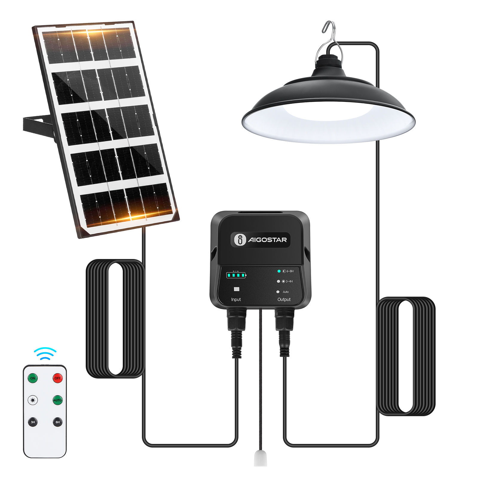 Aigostar Lámpara solar exterior con mando a distancia y cuerda de tracción,cable de 8 m,batería de gran capacidad de 3000 mAh,gran panel solar,IP65