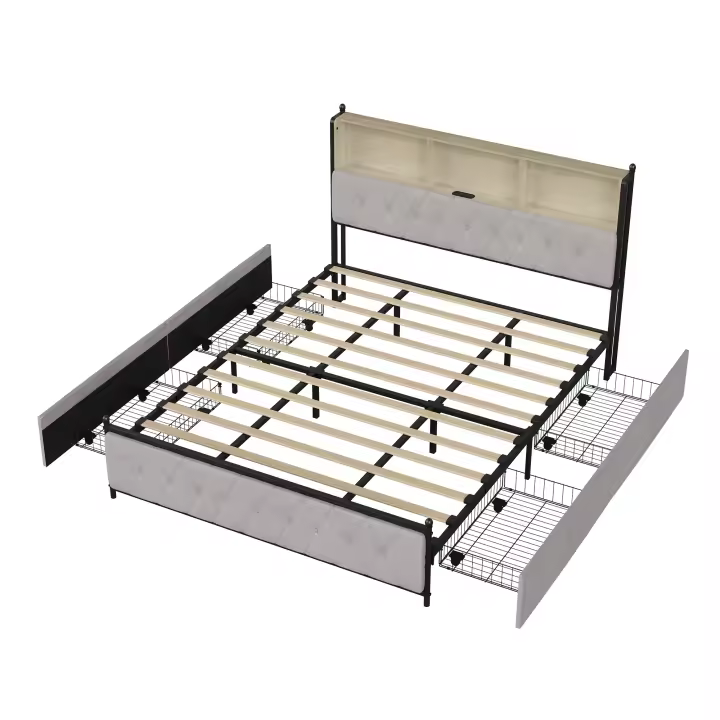 Cama tapizada de terciopelo beige 140x200 160x200 180x200 cm con cabecero de almacenamiento LED, puertos USB y Type-C, 4 cajones de gran capacidad, estructura metálica reforzada, sin colchón - 1