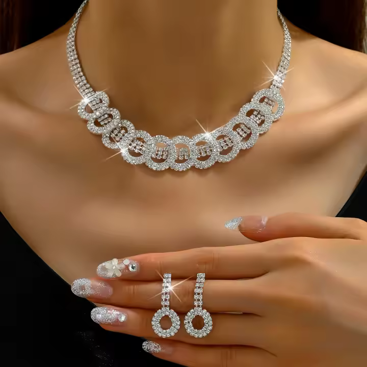 Juego De Joyas De Moda 3pcs Con Inlaid De Rhinestone Para Mujer Accesorios De Fiesta Collar Y Aretes Redondos Estilo Romántico - 1