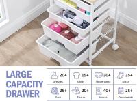 Carro de baño con 5 cajones, carro de cocina con ruedas con tablero de mesa de madera, para cocina, salón, dormitorio, oficina, blanco - details 5