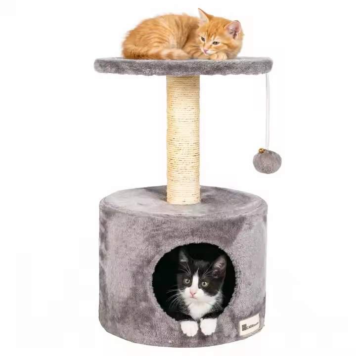Casa Basics - Rascador para gatos KUCHI, Árbol para Gatos, Alto: 59 cm, 1 caseta, 1 Plataforma Mirador, 1 pompon, Negro/Gris/Beige - 1