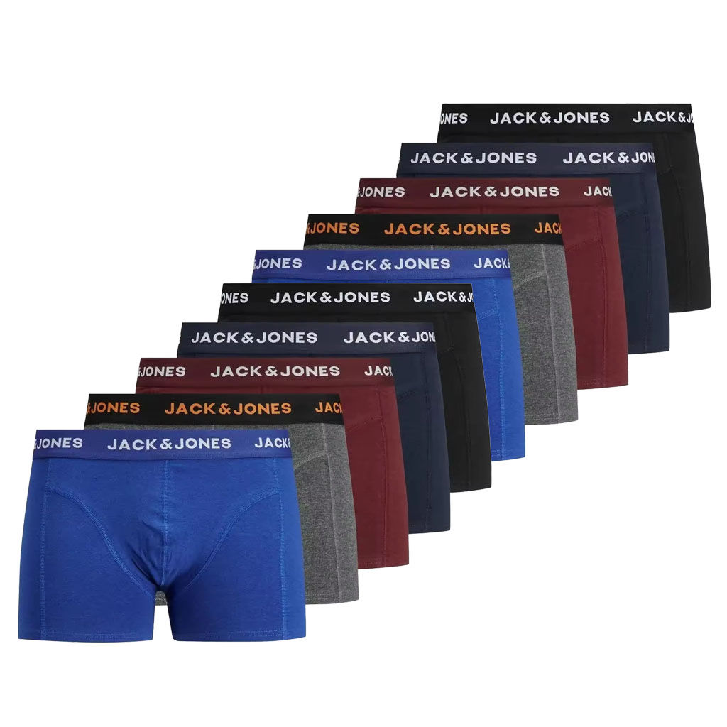 Jack & Jones Hombre Pack 10 unids Boxer Calzoncillos Serie Trunks, cintura elástica, logo en cintura, composición 95% algodón y 5% elastano , muy suaves Moda Casual Informal
