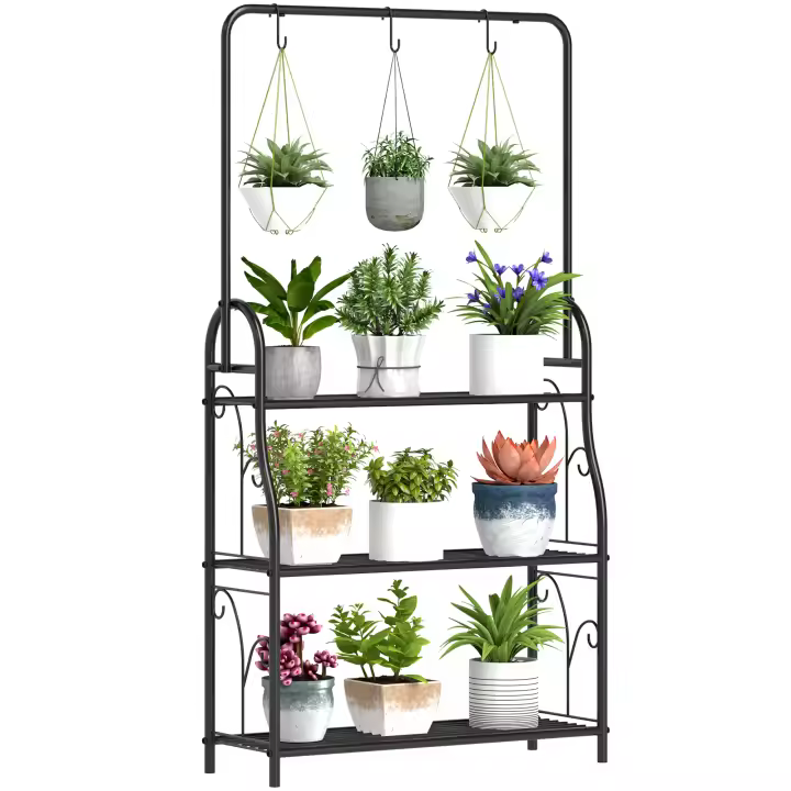 Outsunny Estantería para Plantas de 3 Niveles Soporte para Plantas con Ganchos de Metal Barra para Colgar Soporte para Macetas para Interior y Exterior Negro - 1