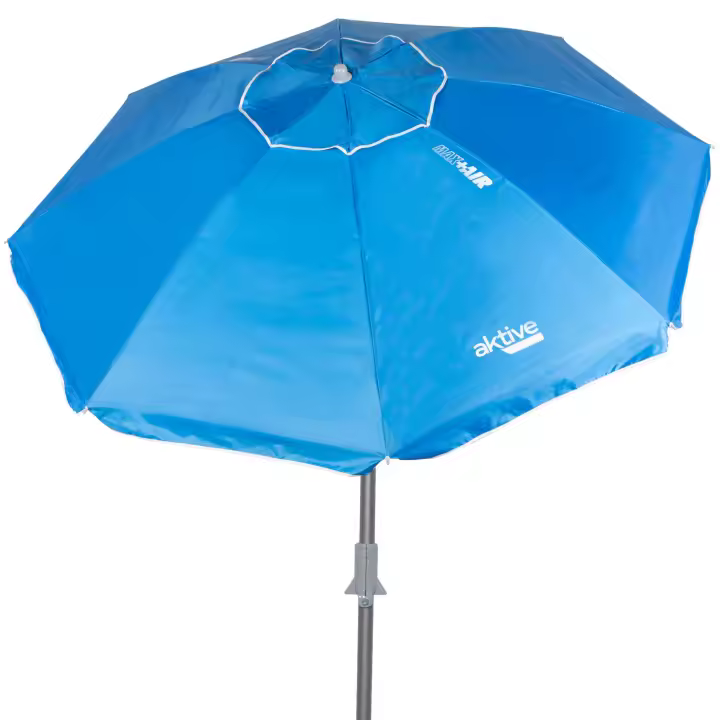 Aktive - Sombrilla playa antiviento 200 cm o 220 cm, Max Air, azul, forma octogonal, poliéster con protección UV50 y revestimiento plateado, 8 varillas fibra de vidrio, mástil inclinable Ø28/32 mm, incluye funda, ventilación superior y espiral instalación - 1