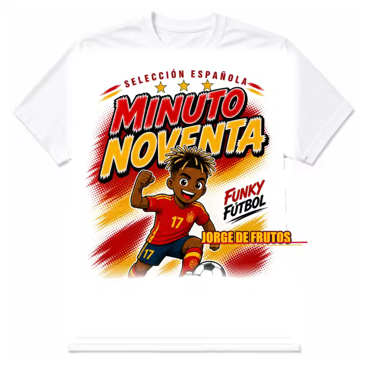 Stock Futbol Camiseta Blanca Selección Española 2026 Muñeco Funky Jorge de Frutos, Frase Minuto noventa, Diseño Fútbol Rojo y Amarillo para Afición España - Talla S - 1