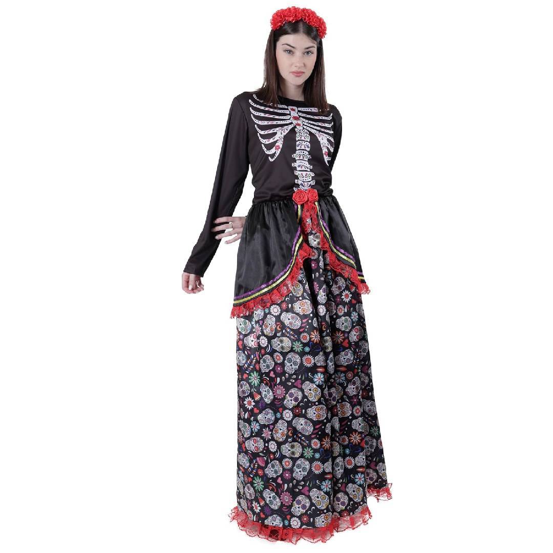 Kebedo Moda Disfraz de Catrina para Mujer Adulto Mexico - Vestido Largo Calaveras y Diadema de Flores - Halloween Carnaval