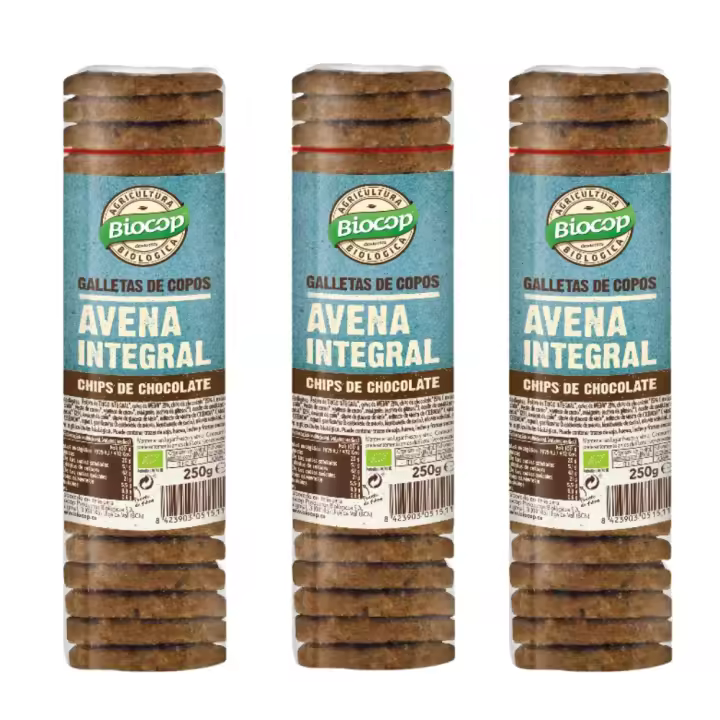 Galletas de copos de avena integral con chips de chocolate Packs 3 Galleta crujiente Con aceite de girasol Biocop - 1