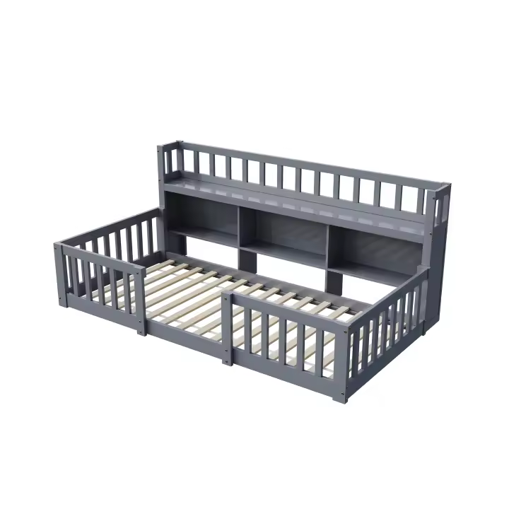 Cama Montessori 140x200 cm gris con estantería integrada, barandilla de seguridad y estructura de madera maciza para dormitorio infantil - 1