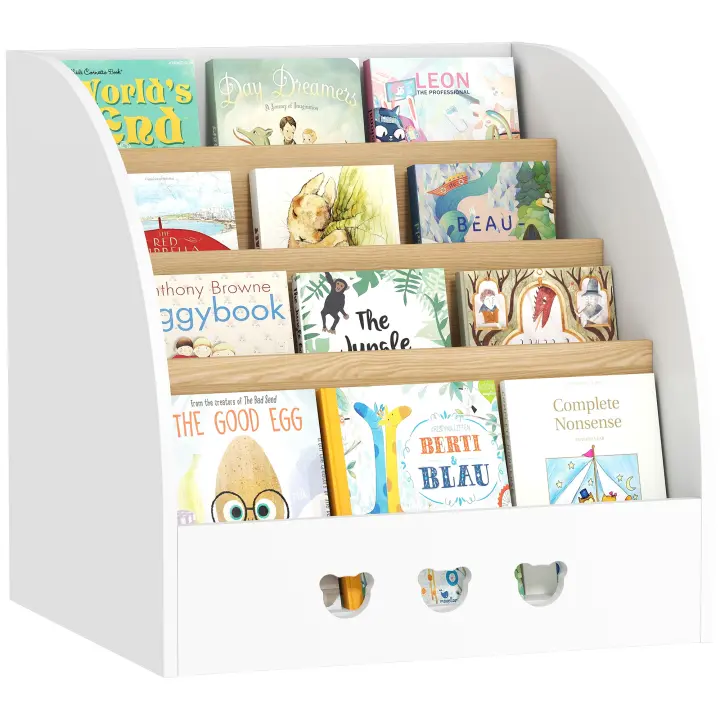 AIYAPLAY Estantería Infantil para Juguetes con Compartimento Oculto Organizador de Juguetes de 4 Niveles con Ruedas para Habitación Infantil Sala de Juegos Guardería Blanco y Natural - 1