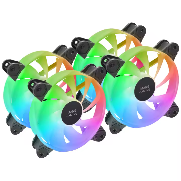 Mars Gaming MF-4A, Kit 4x Ventiladores 120mm ARGB, Iluminación 360° Sin Marco, RGB Direccionable 5V 3Pin, Efecto Rainbow Personalizable, Rodamientos FDB Ultrasilenciosos, Doble Conector, Ventiladores PC Negros o Blancos - 1